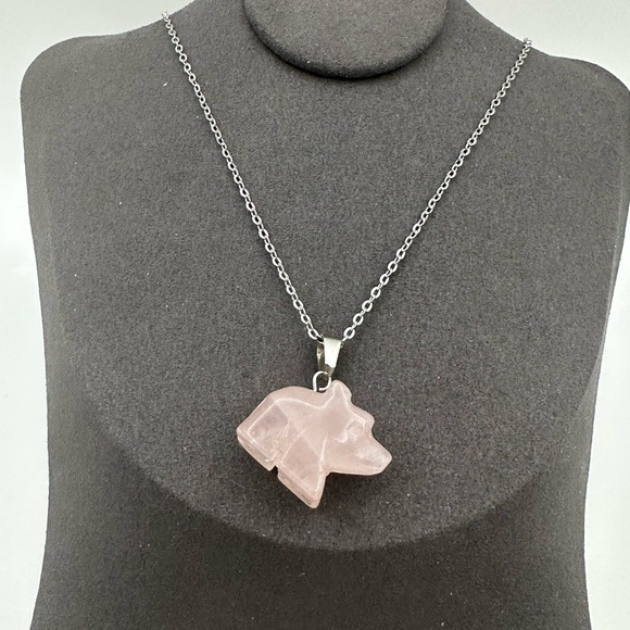 Rose Quartz Bear Pendant Necklace on Silver Copper Chain - Picture 9 of 14